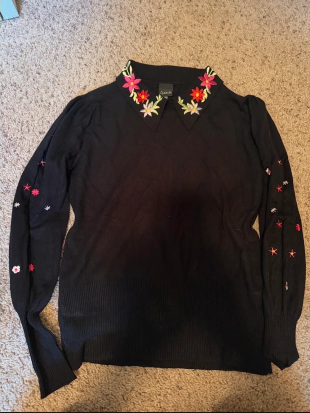 Black Floral Collar Embroidered Sweater Top